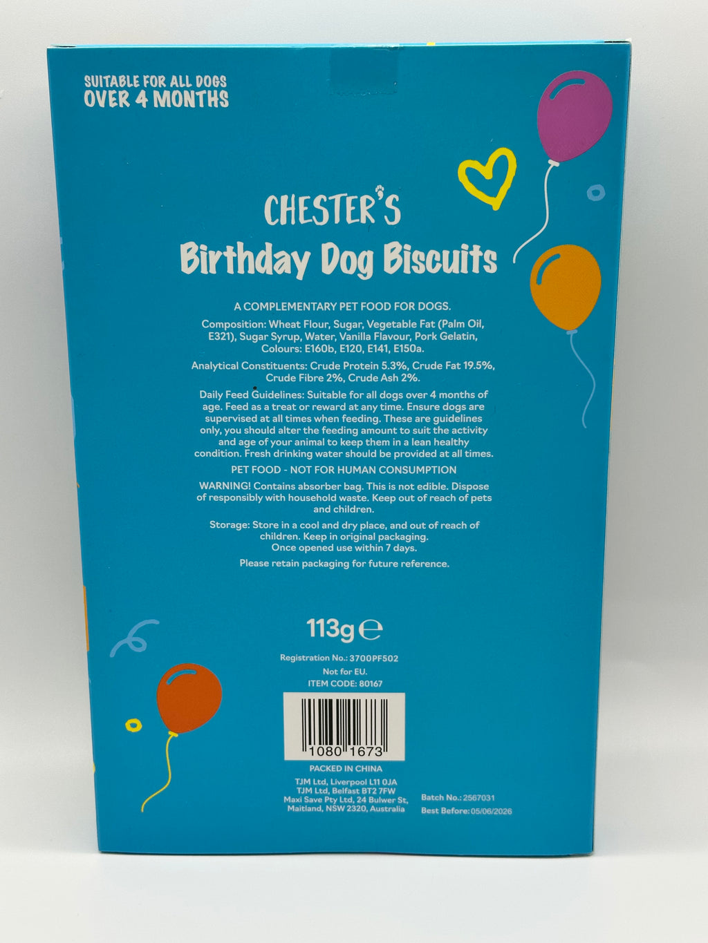 Dog birthday box with birthday biscuits and ball