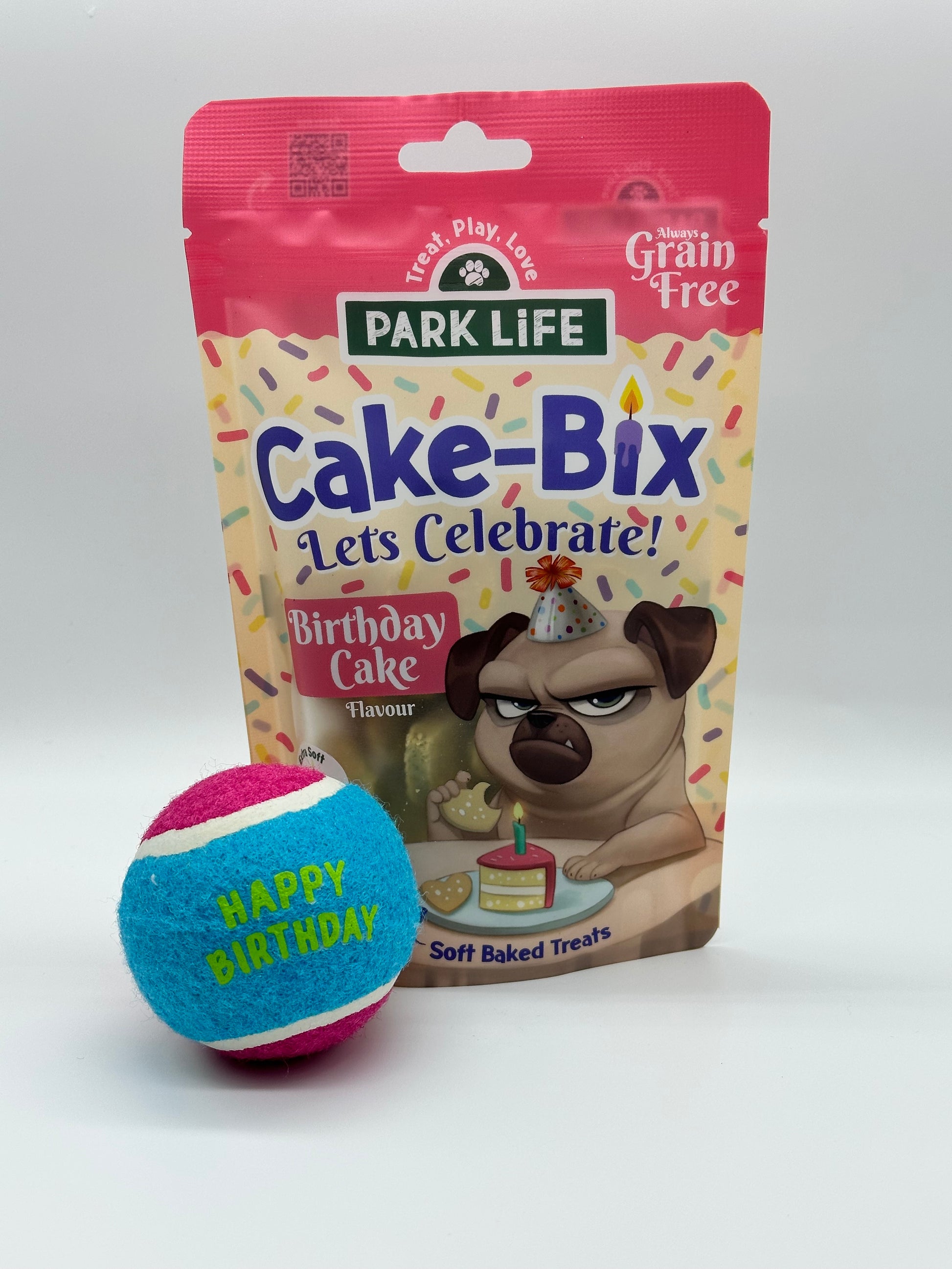 Personalised dog birthday box with treats and ball
