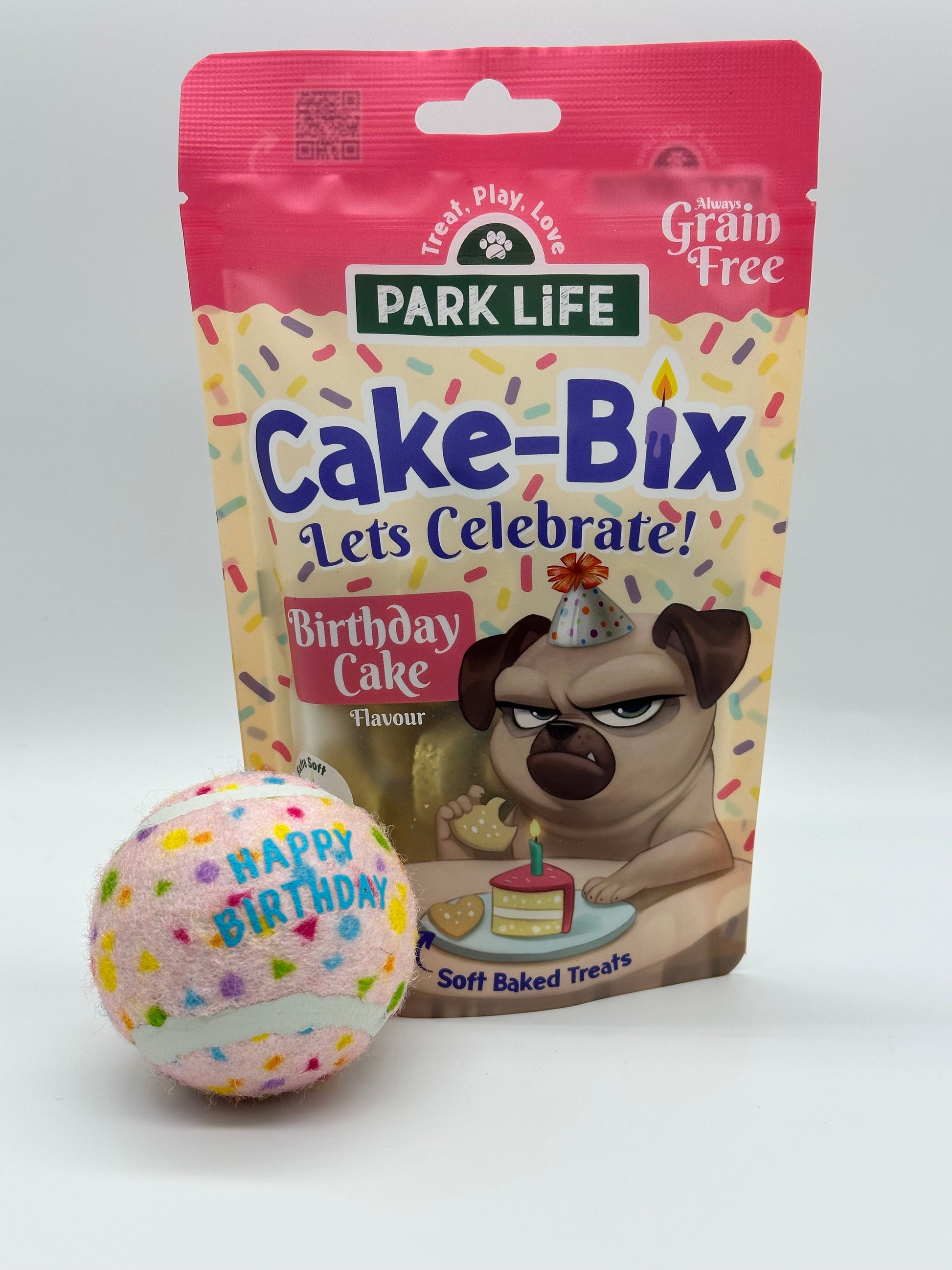 Personalised dog birthday box with treats and ball