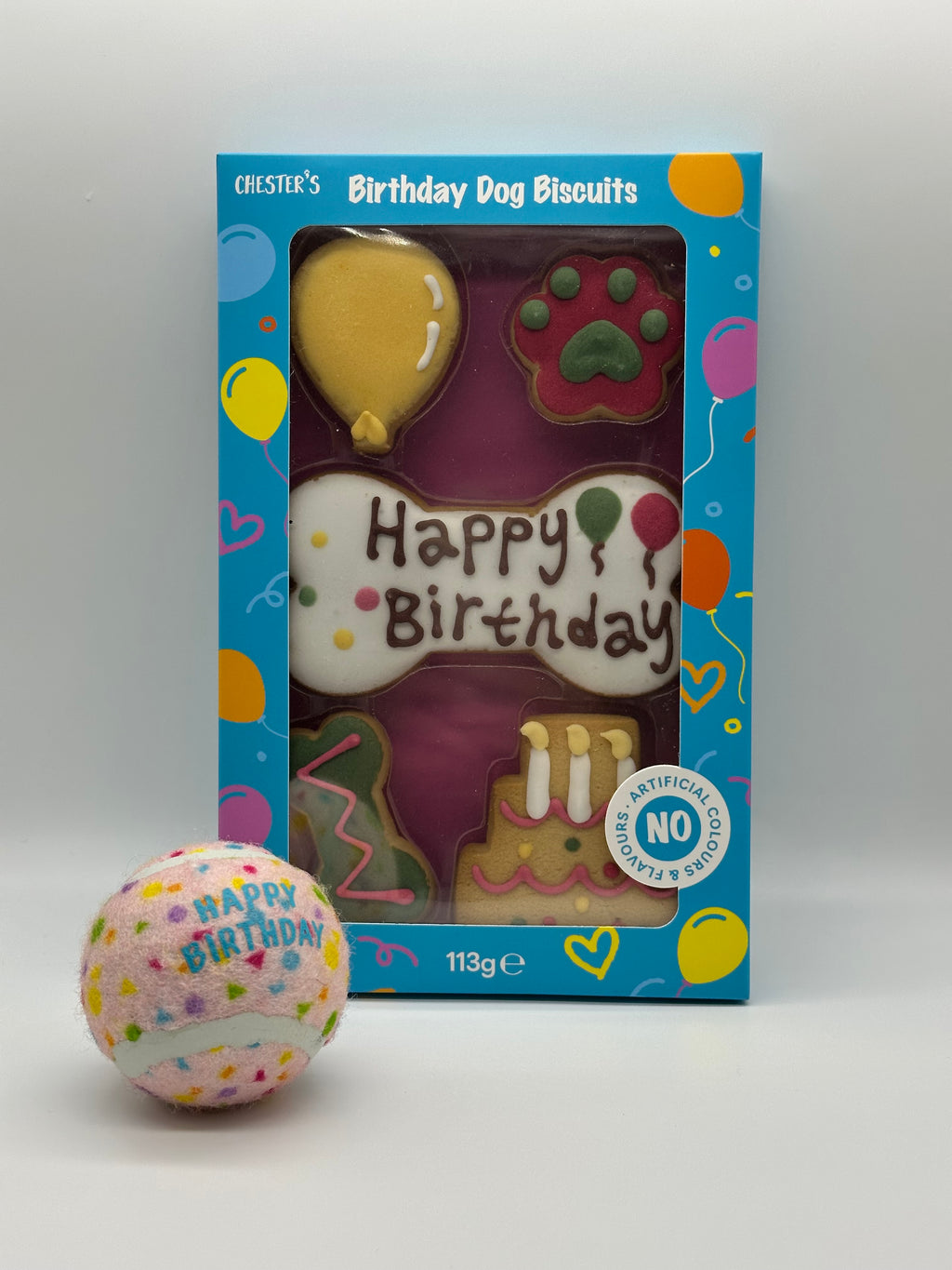 Dog birthday box with birthday biscuits and ball