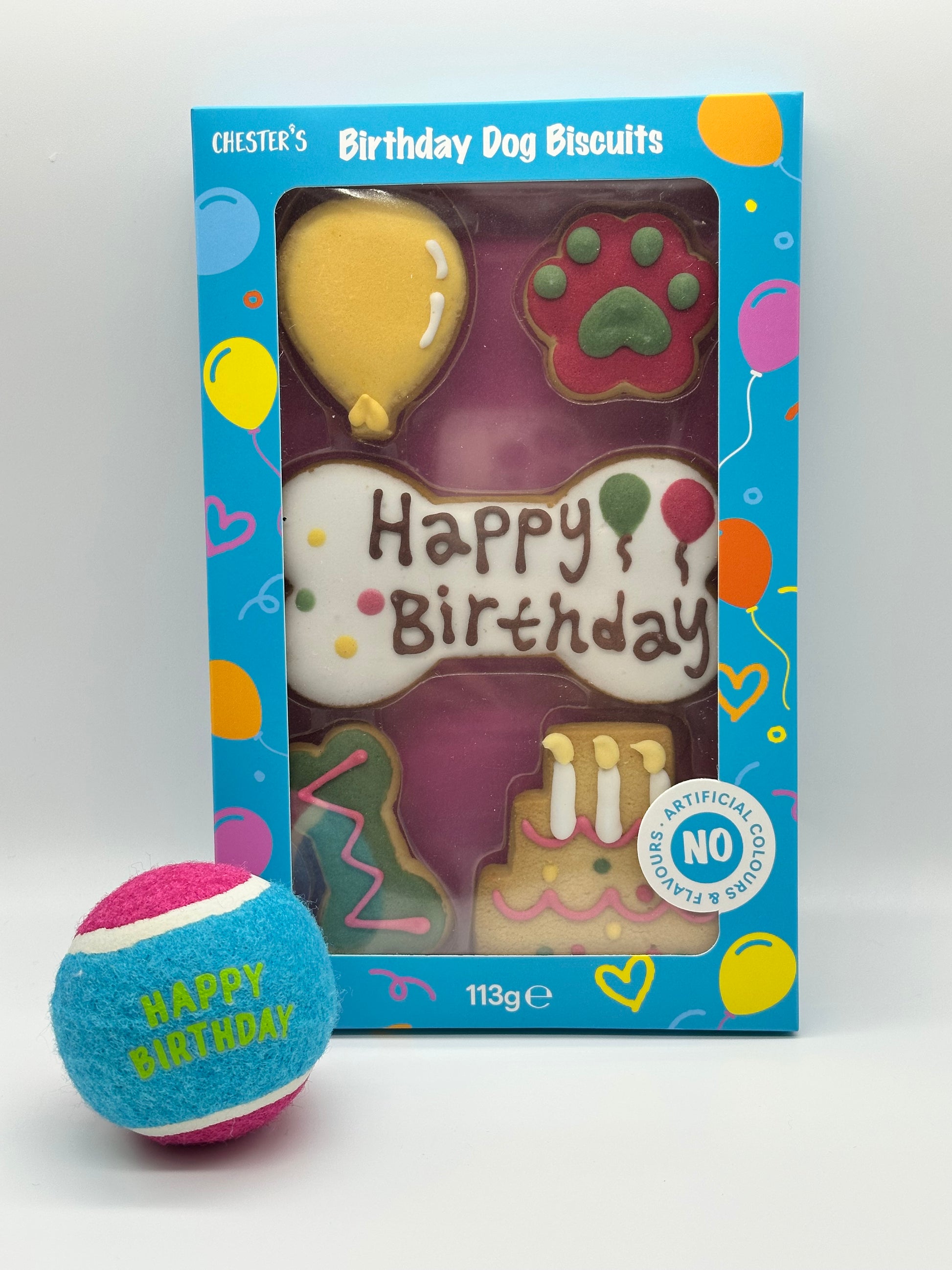 Dog birthday box with birthday biscuits and ball