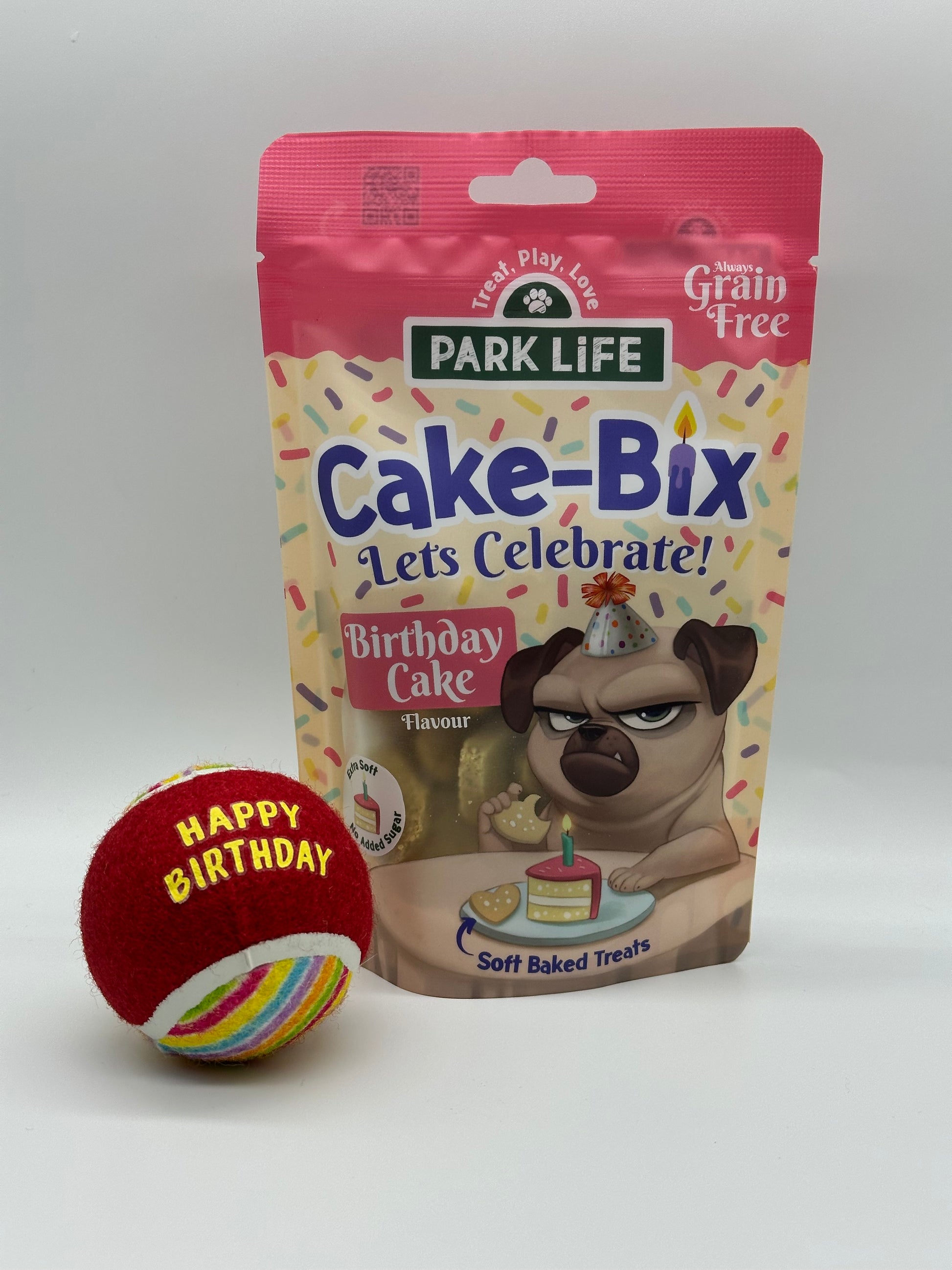 Personalised dog birthday box with treats and ball