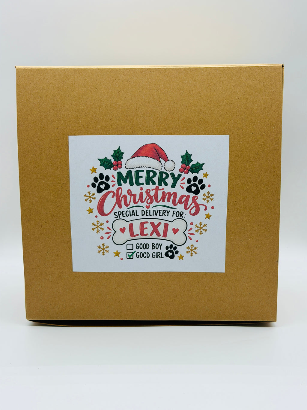 Personalised Christmas Dog Gift Box with Green Toy & Treats