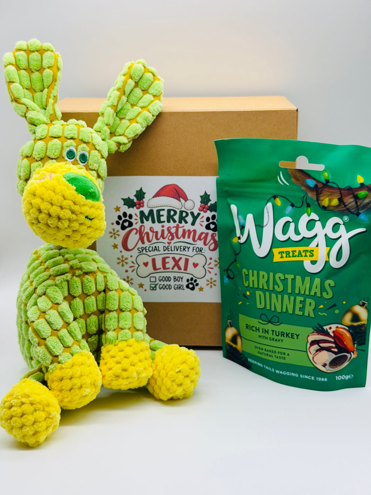 Personalised Christmas Dog Gift Box with Green Toy & Treats