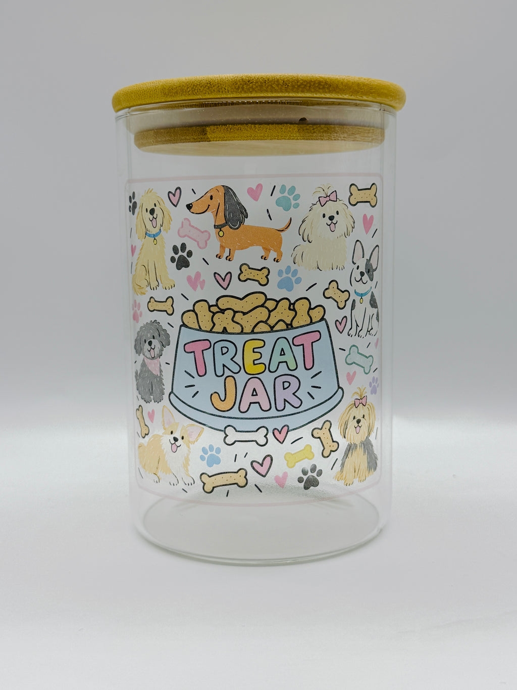 950ml Pet Treat Jar – Bamboo Lid, Colorful Dog & Cat Design (Gift)