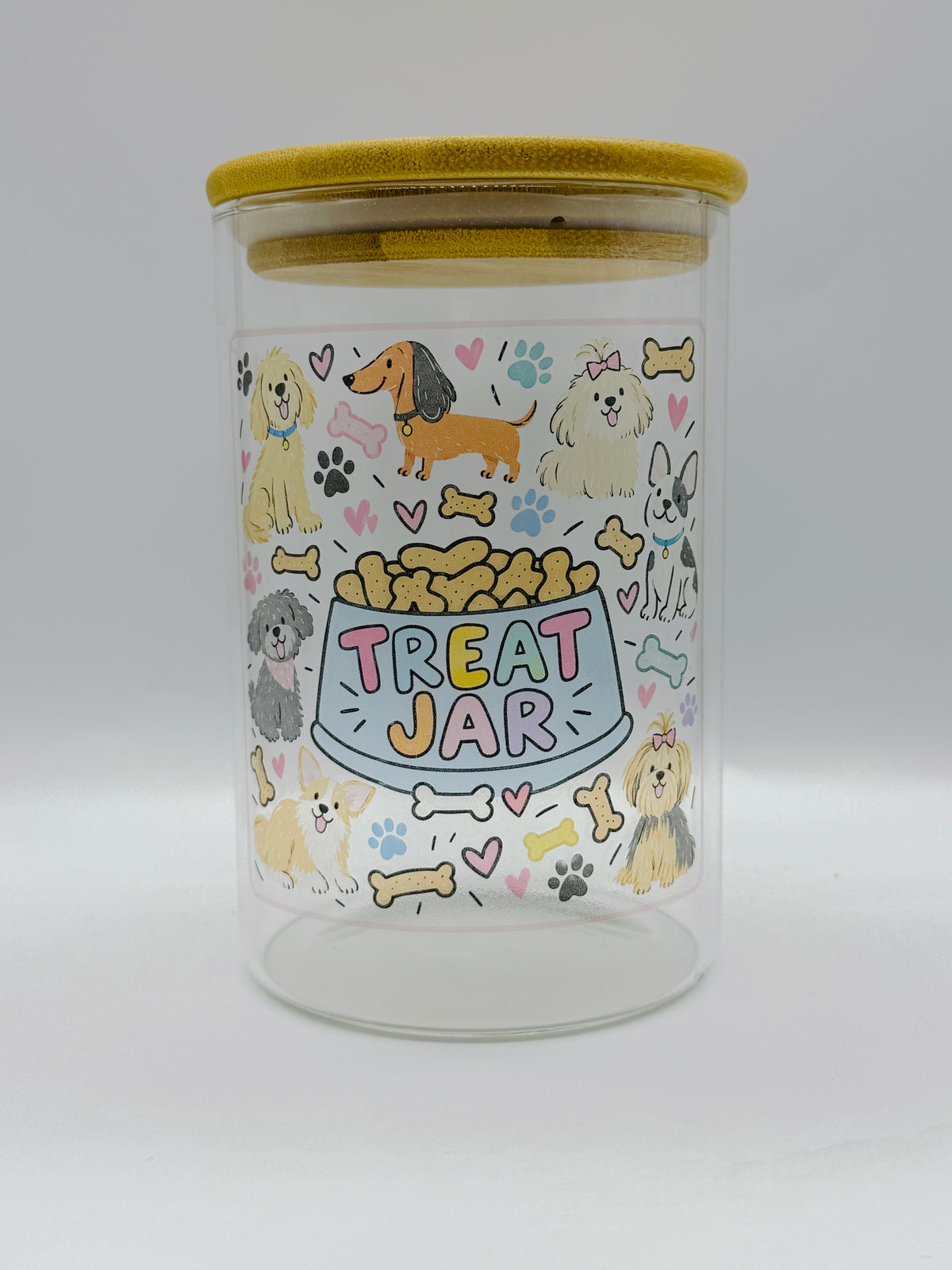 950ml Pet Treat Jar – Bamboo Lid, Colorful Dog & Cat Design (Gift)