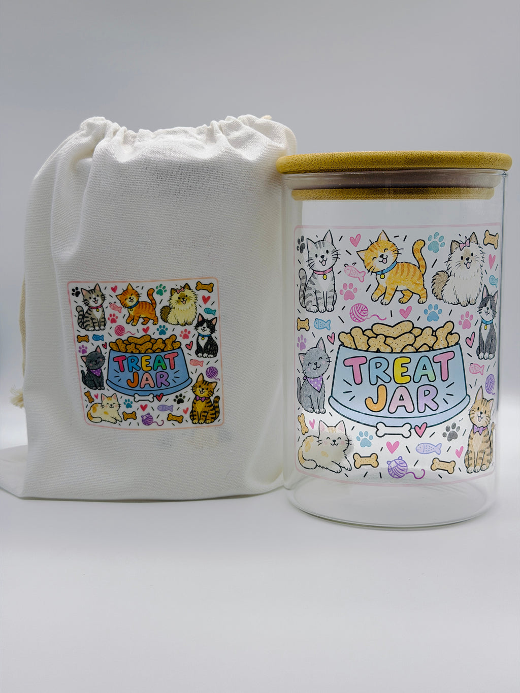 950ml Pet Treat Jar – Bamboo Lid, Colorful Dog & Cat Design (Gift)