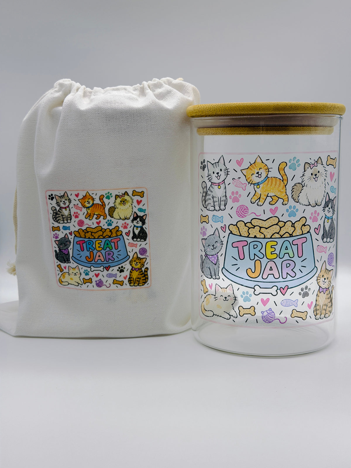 950ml Pet Treat Jar – Bamboo Lid, Colorful Dog & Cat Design (Gift)
