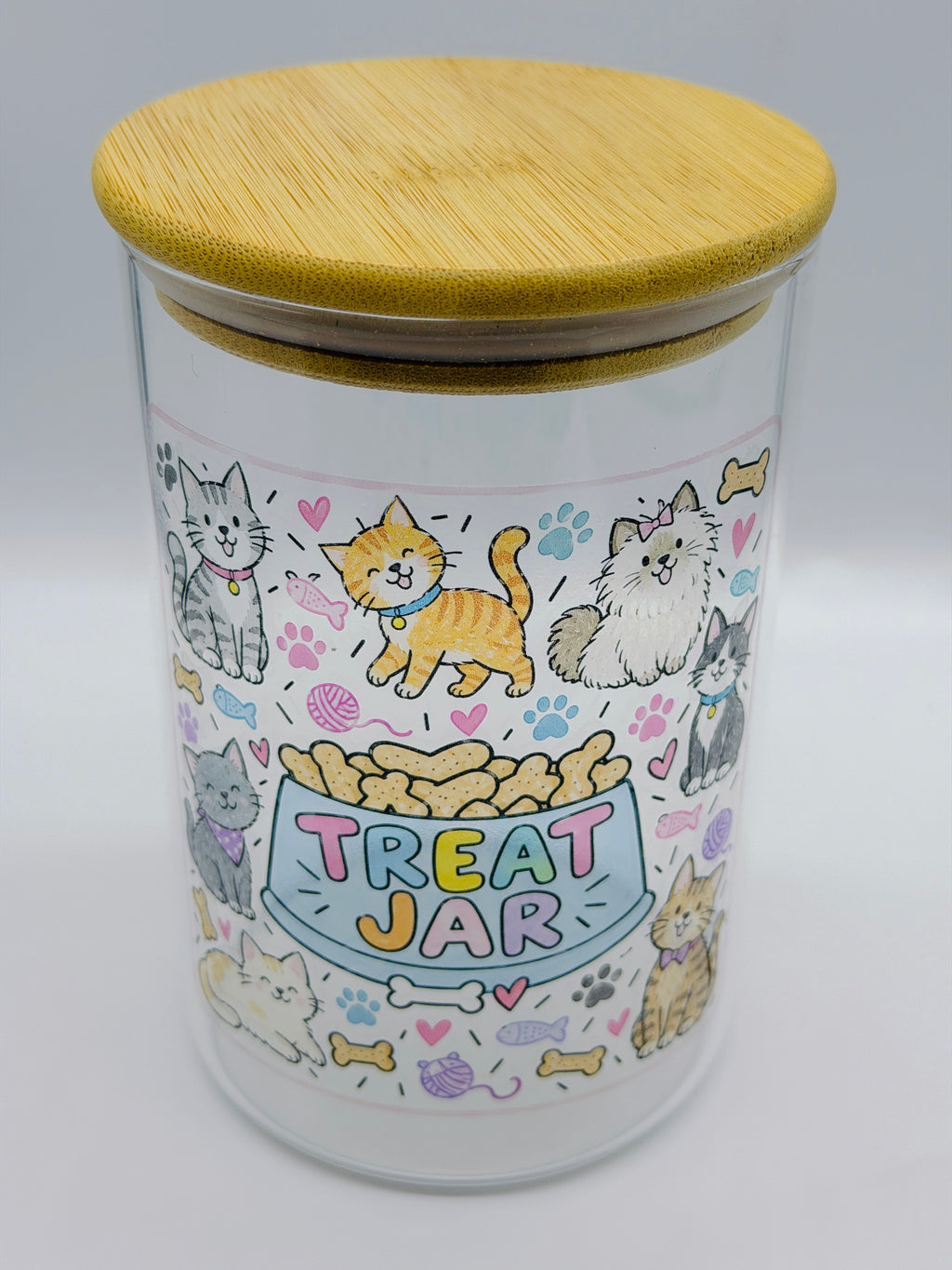 950ml Pet Treat Jar – Bamboo Lid, Colorful Dog & Cat Design (Gift)
