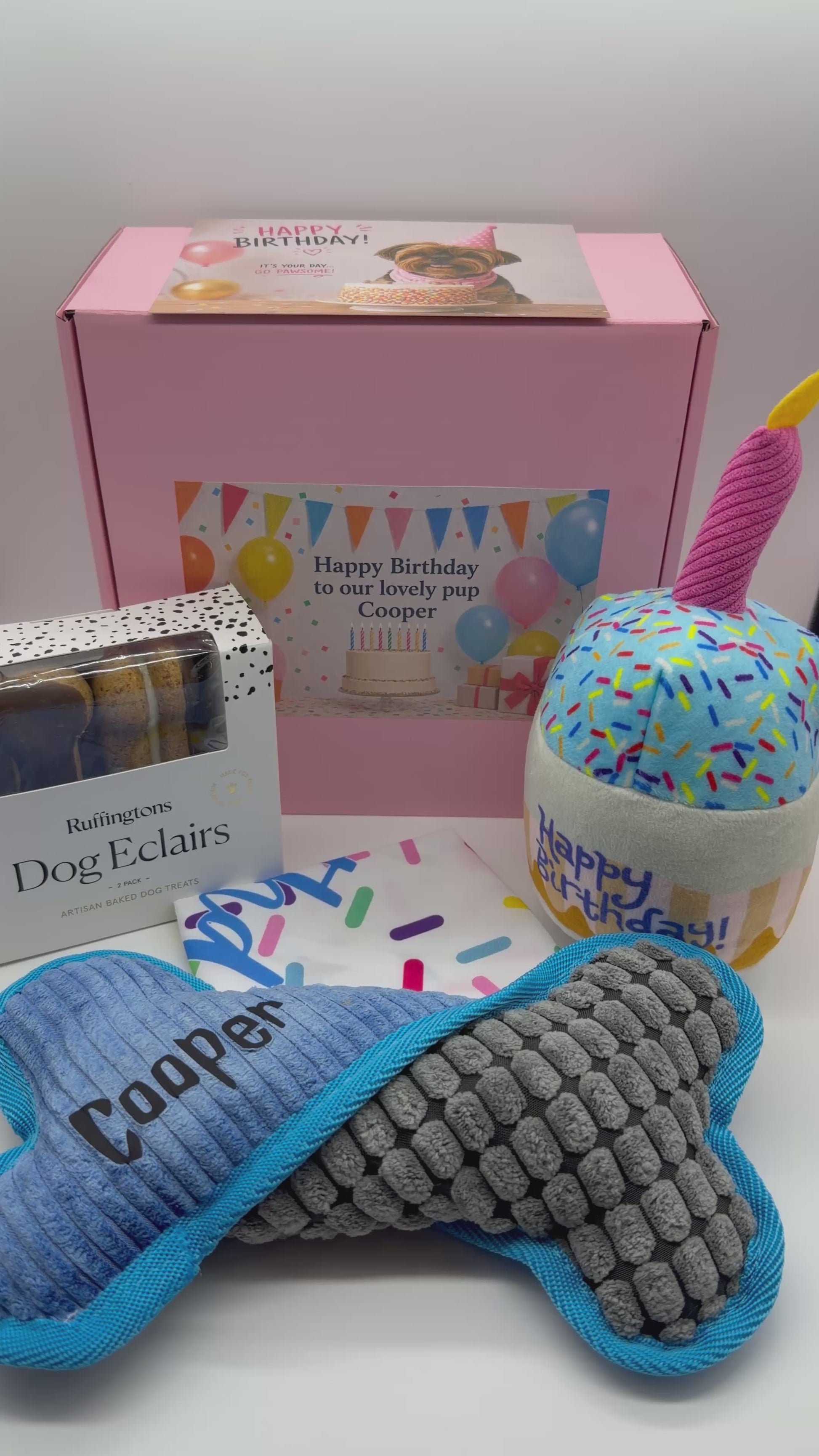 Personalised Birthday Dog Gift Set – Plush Name Bone, Birthday Bandana & Treats